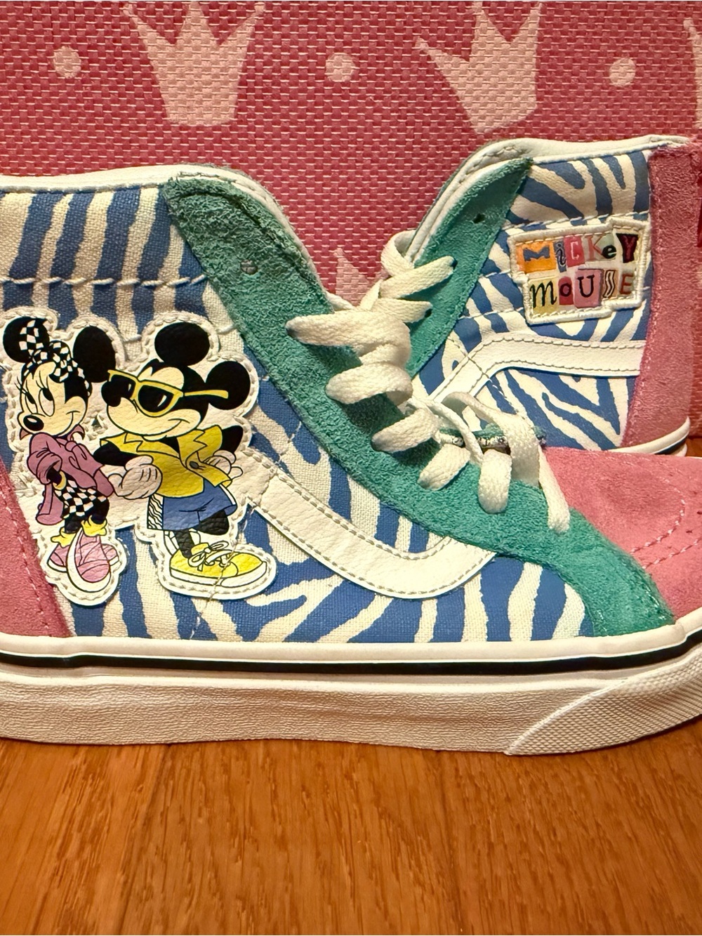 Vans Kids High-Top Sneakers - Pink/Teal/Blue Zebra with Mickey Graphic